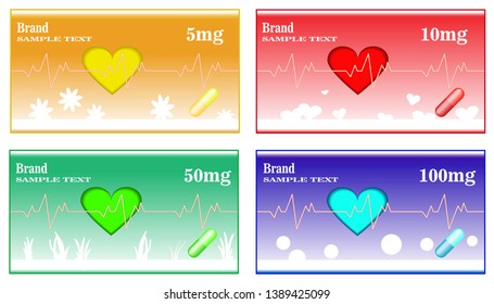 Medicine cover, templates for drug packing pill to treat heart disease. Various colors with symbols of nature and healthy living. EKG, ECG line beat monitor pulse cardiogram.