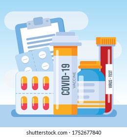 Medicine, Covid-19 vaccine, pharmacy, hospital set of drugs with labels. Medication, pharmaceutics concept. Vector set of medicines