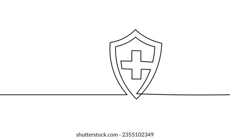 Cruz de la medicina en el escudo de la línea continua de la línea única. Atención de la salud Estudio de la ciencia médica en el Día Mundial diseño de aplicaciones en línea por el médico. Vacuna de seguridad un dibujo ilustración de vector blanco