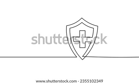 Medicine cross on shield single continuous line art. Health care World Day medical science research doctor online app concept design. Safety vaccine one sketch drawing white vector illustration