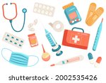Medicine cute elements isolated set. Collection of stethoscope, first aid box, syringe, medical mask, cans of pills, plaster, thermometer and other tools. Vector illustration in flat cartoon design