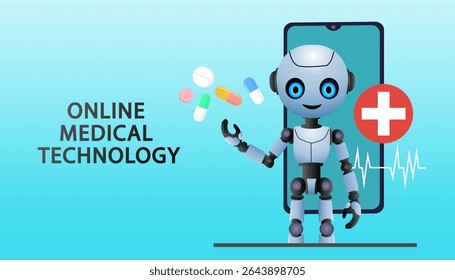 Medicine cyborg online medical technology. robot doctor on screen for service and support patients. Technology of future in healthcare. Buy drug in online chat. Vector illustration.