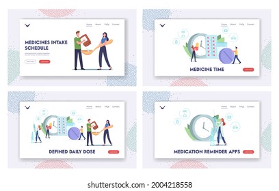 Medicine Daily Dose Landing Page Template Set. Tiny Characters Take Pills in Time to Treat Disease or Stop Pain. Medication, Health Treatment, Pharmacy and Drugs. Cartoon People Vector Illustration