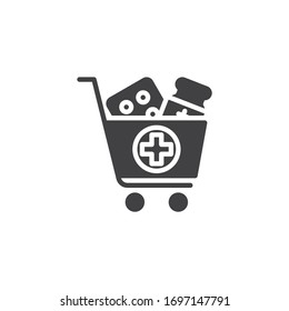 Medicine Delivery Cart Vector Icon. Filled Flat Sign For Mobile Concept And Web Design. Pharmacy, Drugstore Delivery Service Glyph Icon. Symbol, Logo Illustration. Vector Graphics