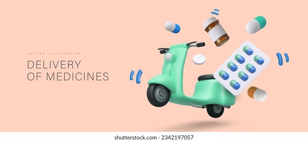 Medicine delivery concept. 3d realistic scooter delivery different medicine to clients. Web poster for pharmacy. 3d medicine concept. Vector illustration