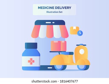 Medicine delivery concept scooter motorbike carry pharmacy box with flat cartoon style