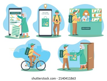 Medicine delivery courier service flat set of five isolated compositions with app order and bicycle delivery vector illustration