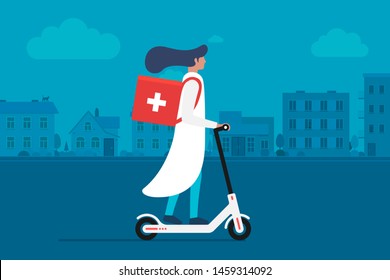 Medicine delivery pharmacy. Young female doctor riding electric scooter with medical surgical sanitary box first aid on cityscape street. Vector future emergency illustration