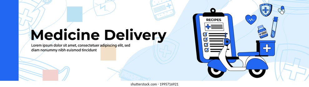 Medicine Delivery Web Banner Design. A medicine delivery with a motorcycle. Hospital Delivery service header or footer banner.