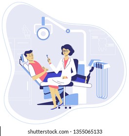 Medicine dental concept. Dentist in dentistry office. Young doctor woman and patient man in dental chair in hospital. Checkup and teeth medical examination.