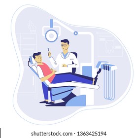 Medicine dental concept. Dentist in dentistry office. Doctor and young man patient in dental chair in hospital. Checkup and teeth medical examination.