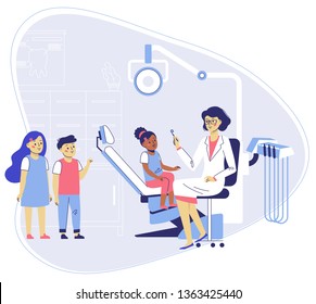 Medicine dental concept. Dentist and kids in dentistry office. Young doctor woman and child patient in dentist chair in hospital. Checkup and teeth medical examination.