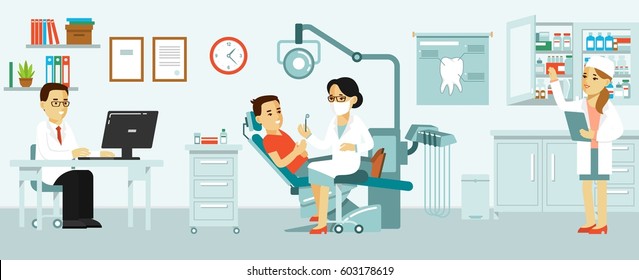 Medicine dental office concept in flat style. Hospital interior with workplace, equipment, instruments. Young doctor woman and patient man in dentist chair. Consultation, treatment and diagnosis.