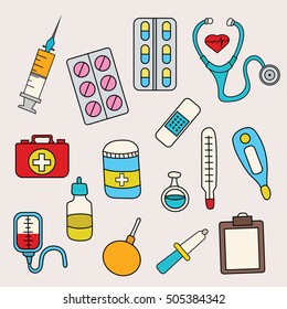 Medicine design set. Cartoon free hand draw doodle vector illustration