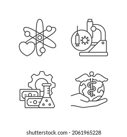 Medicine development linear icons set. Interest in science. Test vaccines. Future perspectives. Customizable thin line contour symbols. Isolated vector outline illustrations. Editable stroke