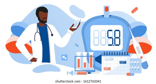 Medicine diabetes type 2 concept. Glucometer for measuring sugar level. Blood glucose meter, pills, syringe and vial, insulin production. Doctor with  laboratory test equipment. Vector banner template
