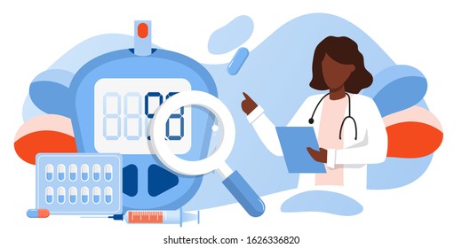 Medicine diabetes type 2 concept. Glucometer for measuring sugar level. Blood glucose meter, pills, syringe and vial, insulin production. Doctor with  laboratory test equipment. Vector banner template