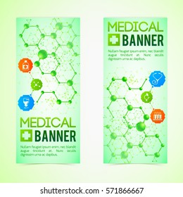 Medicine and diagnosis vertical banners set with science symbols realistic isolated vector illustration