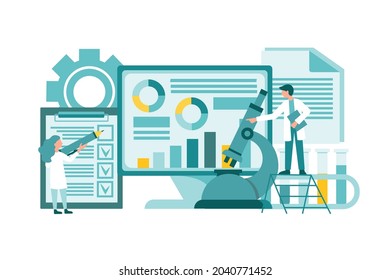 Medicine diagnostics and analysis laboratory research. Infographics of laboratory research results on the computer screen. Concept vector illustration.
