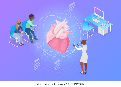 Medicine Diagnostics in Virtual Reality scanning Heart Isometric Flat Vector illustration.