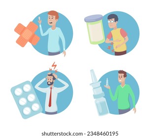 Medizin für verschiedene Krankheiten Vektorgrafiken Set. Männer und Jungen, die an Kopfschmerzen, Magenschmerzen, Kälte, am Finger schneiden, mit Bandage, Tabletten und Nasenropfen leiden. Pharmazie, Gesundheitskonzept