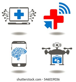 Medicine Digital Integration Computing Modernization Automation Smart Web Health Care Iot Concept. Medical Healthcare Future Ambulance Emergency Innovation Vector Icon Set