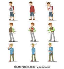 Medicine disease man flat characters set with influenza sneezing nosebleed illness isolated vector illustration.