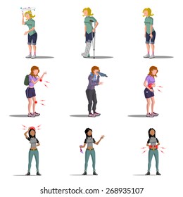 Medicine disease woman flat characters set with allergy vertigo fracture illness isolated vector illustration.