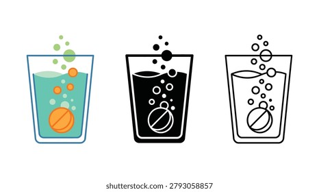 Medicine dissolves in liquid, creating bubbles. graphic illustration portrays health and wellness in a simple, modern design perfect for medical use.