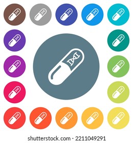 Medicine with dna molecule flat white icons on round color backgrounds. 17 background color variations are included.