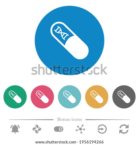 Medicine with dna molecule flat white icons on round color backgrounds. 6 bonus icons included.