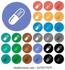Medicina con molécula de adn, íconos planos multicolores sobre fondo redondo. Se incluyeron variaciones de iconos blancos, claros y oscuros para efectos de movimiento y estado activo, y tonos extra.