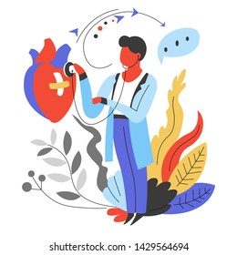 Medicine doctor cardiologist listening to heart rate with stethoscope vector healthcare and treatment cardiac muscle medical worker in robe examination tool diagnostic specialist internal human organ.