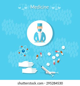 Medicine doctor medicine health gloves syringes tablets treatment vector illustration 