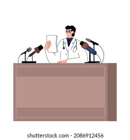 Medicine Doctor Make Announcement At Healthcare Press Conference. Pandemic News, Vaccination Male Speaker On Tv Or On The Internet Broadcasting. Doctor Read News To The Microphone, Vector Illustration