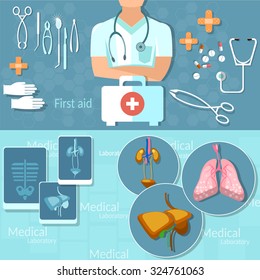 Medicine doctor man medical hospital instruments first aid kit surgery x-rays vector banners 