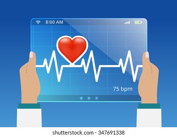 Medicine doctor monitoring the status of cardiogram on modern computer interface