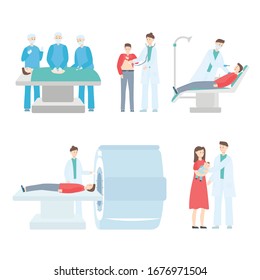 Medicine doctor operate, diagnose, treat patient on hand drawn vector illustration isolated on white. Medics consulting practitioner determines diagnosis, measures pressure, takes baby, treat teeth.