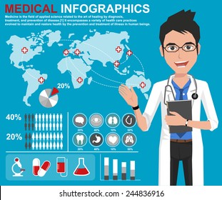 Medicine Doctor Working At Hospital With Medical, Health And Healthcare Icons And Data Elements, Infographic 