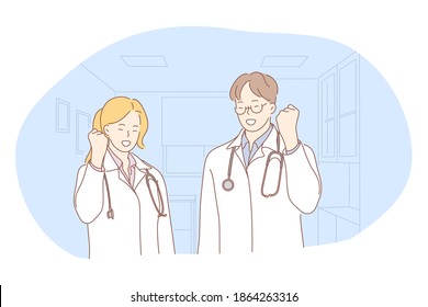 Medicine, doctors, achievement concept. Young smiling man and woman doctors in white medical uniform standing and celebrating successful achievement with hands gestures in medical clinic office