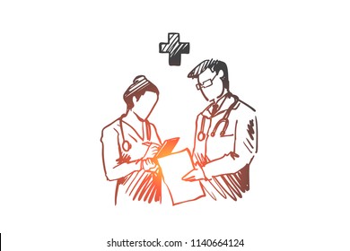 Medicine, doctors, diagnosis, hospital, health concept. Hand drawn doctors in clinic discussing medical issues concept sketch. Isolated vector illustration.
