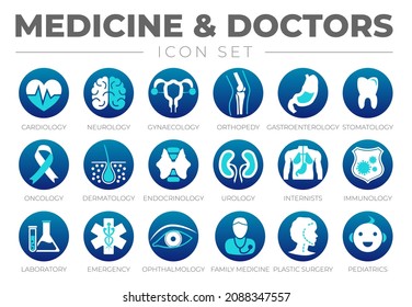 Medicina y Médicos Redonda Icono Azul Conjunto de Cardiología, Ginecología, Ortopedia, Gastroenterología, Oncología, Dermatología, Urología, Internistas, Inmunología, Laboratorio, Emergencia, Medicina, Iconos Médicos.