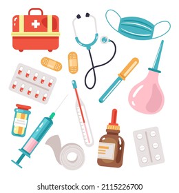 Medicine doctors tools isolated set. Vector flat graphic design cartoon illustration