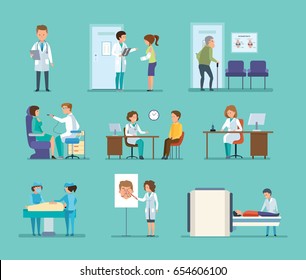 Medicine and doctor's visit. Reception by doctors, patient visits, therapist doctor, radiologist, surgeon, dentist, oculist, hospital staff. Diagnostic and medical treatment. People cartoon style