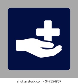 Medicine Donation vector icon. Style is flat rounded square button, white and dark blue colors, silver background.