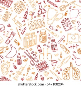 Medicine doodle. Hand drawn vector seamless pattern