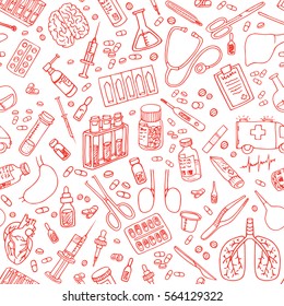 Medicine doodle. Hand drawn vector seamless pattern
