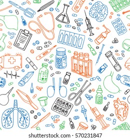 Medicine Doodle. Hand Drawn Vector Seamless Pattern
