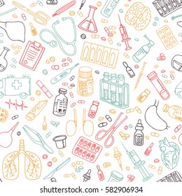 Medicine Doodle. Hand Drawn Vector Seamless Pattern