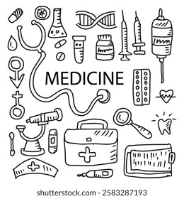 Medicine doodle icons set, hand drawn vector illustration.